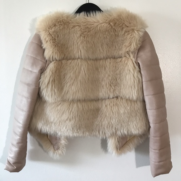 Faux Fox Fur Jacket Detachable Sleeves Cream S - Picture 5 of 7